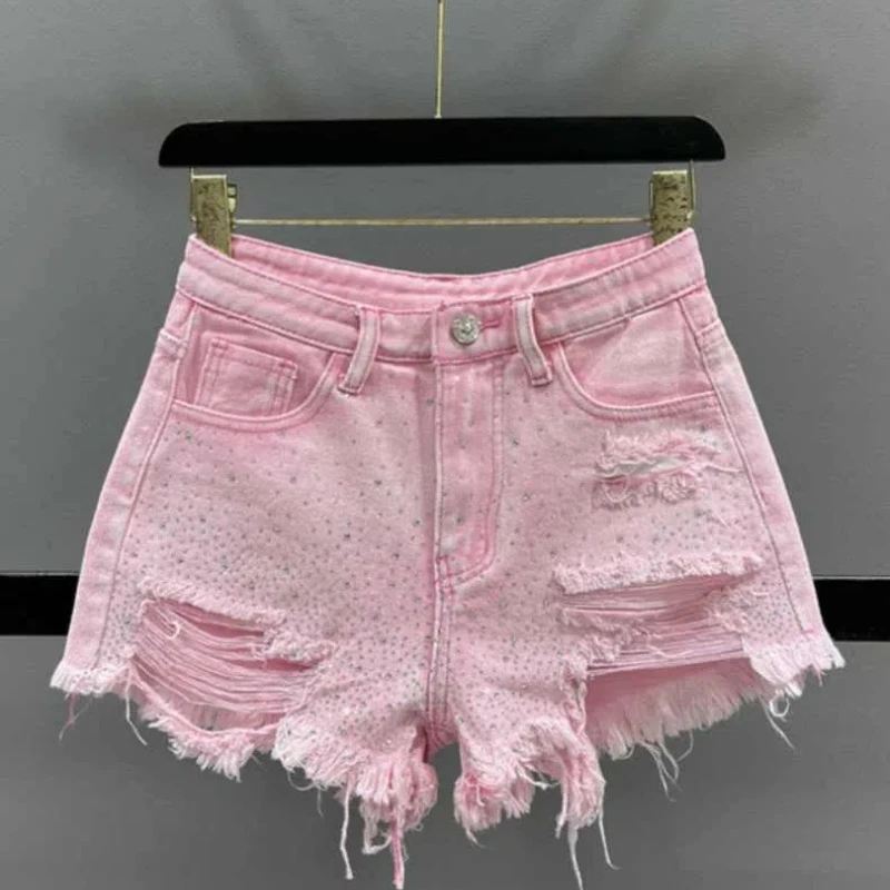 Pantalones cortos de mezclilla para mujer, Shorts de cintura alta con estampado de diamantes, combina con todo, 2024