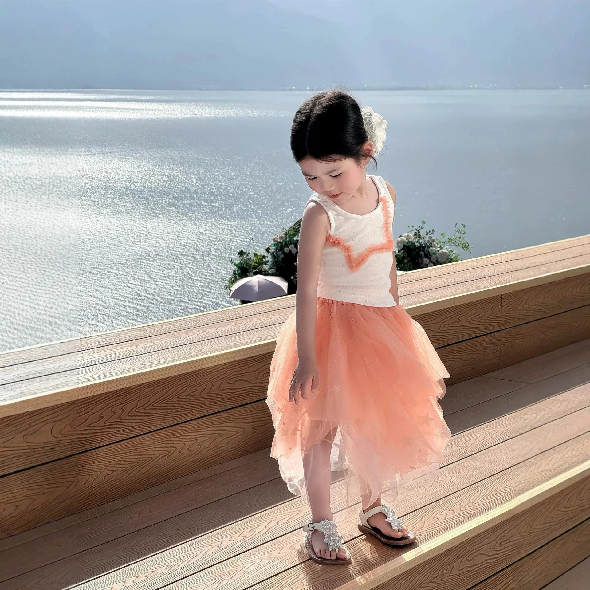 2026 Summer Girls' Dopamine Orange Pentagram Mesh Sleeveless Tank Top+Long Orange Mesh Skirt