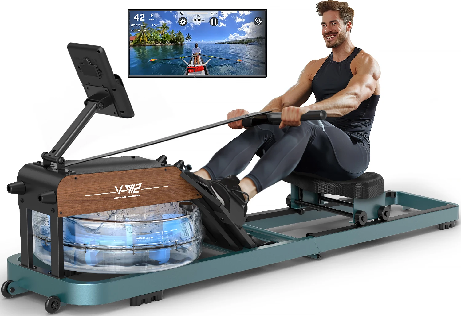 Roeimachine voor thuis, waterroeimachine met Bluetooth-monitor, opvouwbare roeimachine verstelbare tablethouder