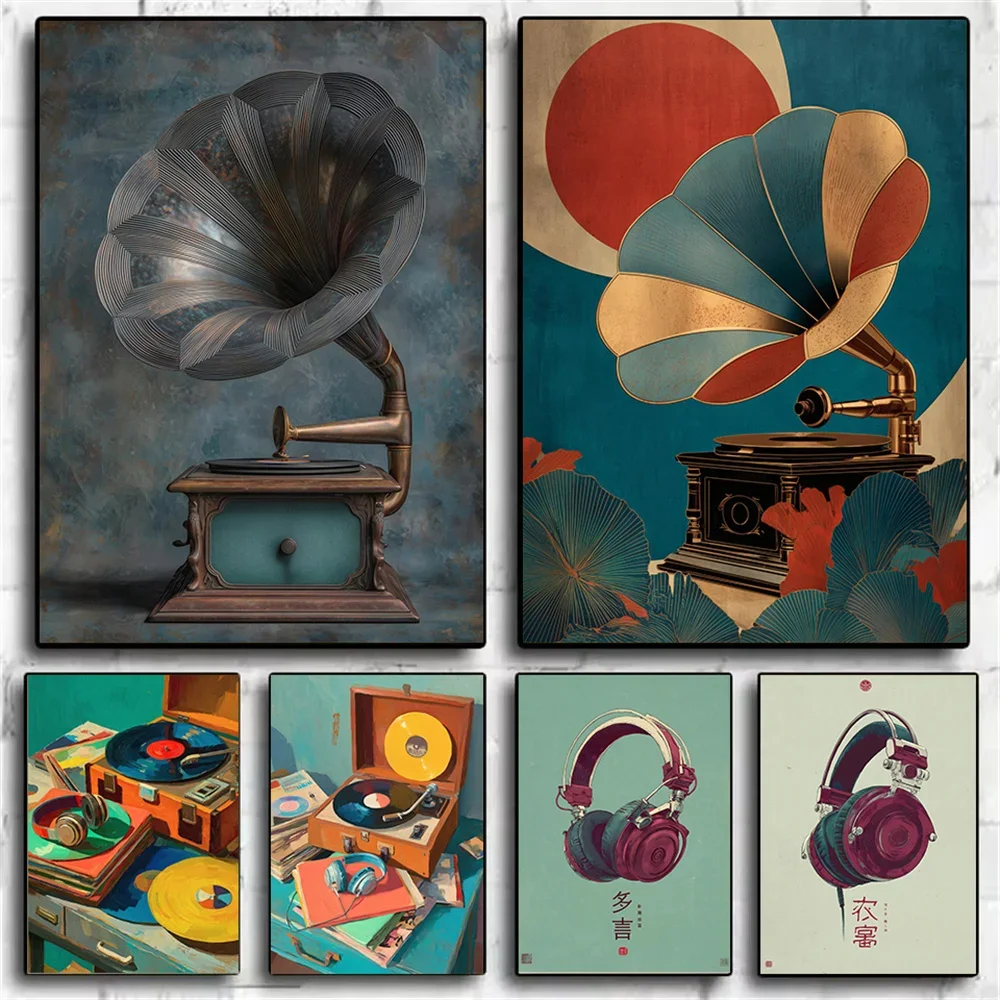 Vintage Gramophone Headphone Wall Decoration, Music Painting, Art Deco Style Gramophone Poster, Classic Record Player Home De