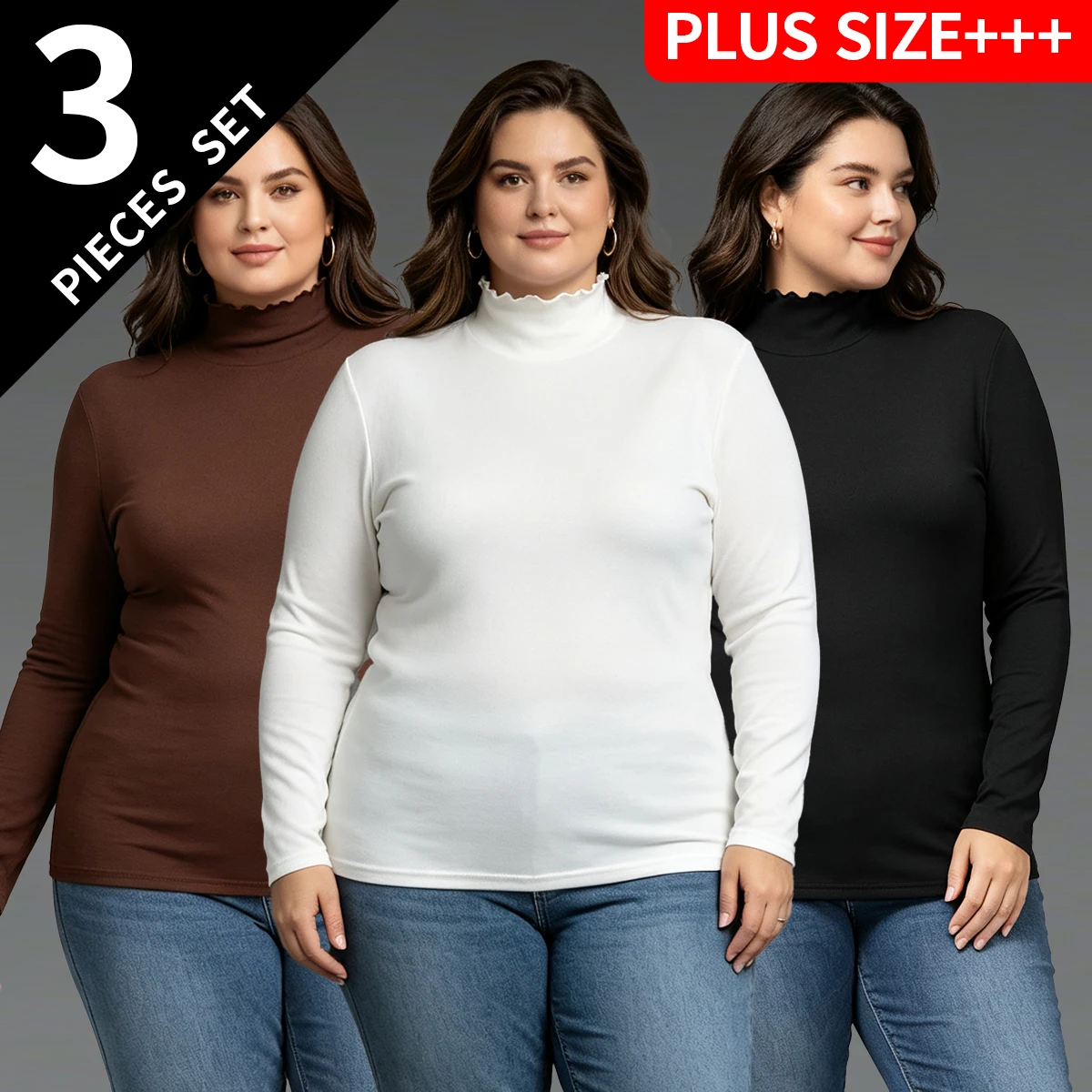 3-piece Autumn And Winter Women's Oversized Size 1XL-5XL High Neck Solid Color Warm Base Shirt Sports Running Long Sleeved Top