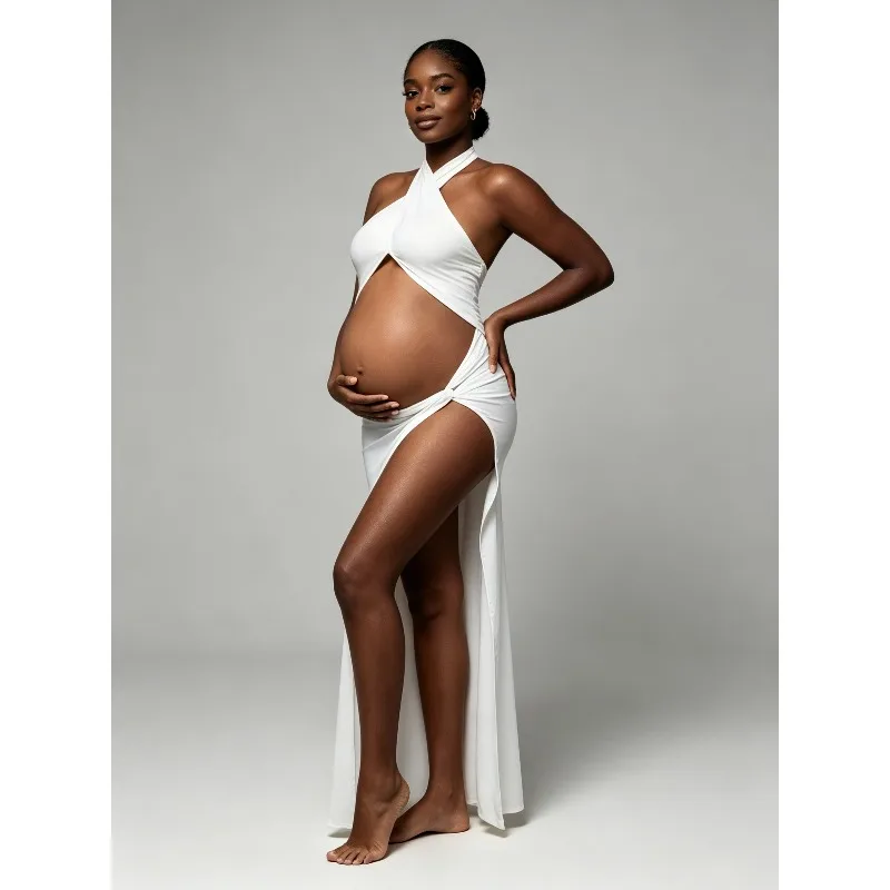 Halter Cut Out Belly Maternity Maxi Dress, High Slit Backless Pregnancy Gown, Slim Butt Lifting Pregnant  Maternity Photoshoot