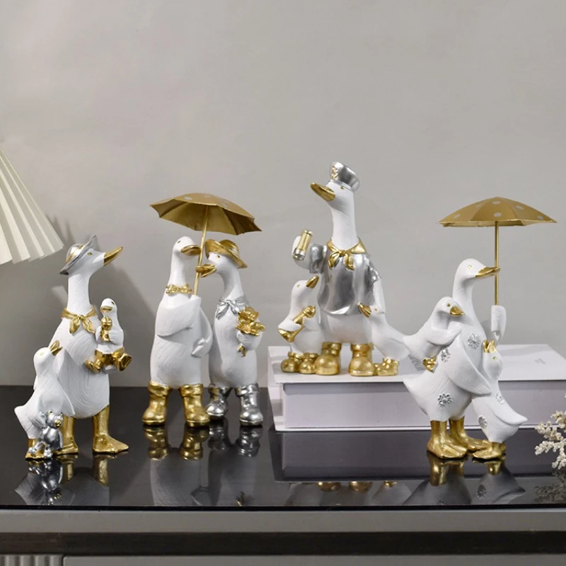Couple Duck Family Animal Sculpture, Resin Craft Mini Statue, Cute Countryside Garden, Home Decoration