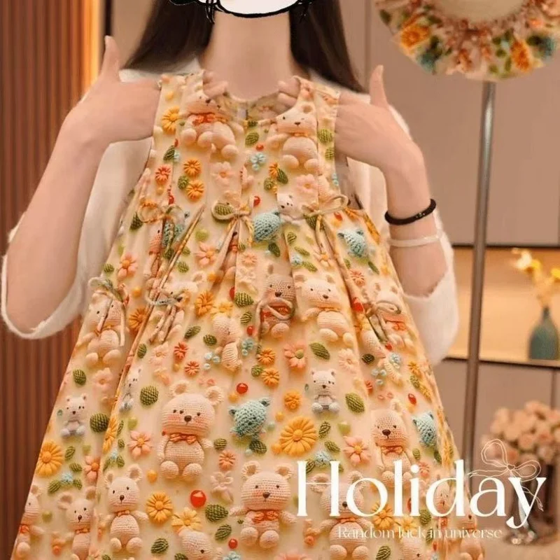 فستان صيفي للفتيات سترة مطبوعة ثلاثية الأبعاد فستان موضة جديدة للأطفال لعام 2025، مناسب للأعمار من 7 إلى 14 عامًا