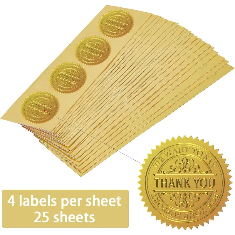 25Sheet 100Pcs Thank You Gold Foil Certificate Seals Foil Embossed Stickers Self Adhesive Gold Foil Embossed Certificate Seals