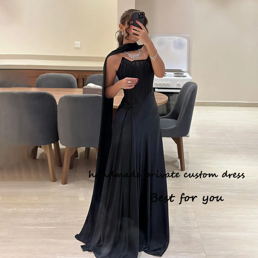 

Black Evening Dresses Pleats Strapless A Line Long Formal Prom Dress Elegant Women Evening Party Gowns Lace Up Back