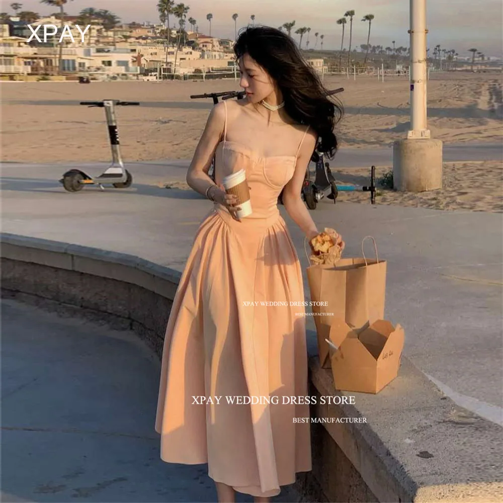 

XPAY Spaghetti Straps Pink Korea Women Evening Dresses Wedding Photo shoot Ankle Length Sweetheart Backless Formal Party Dress