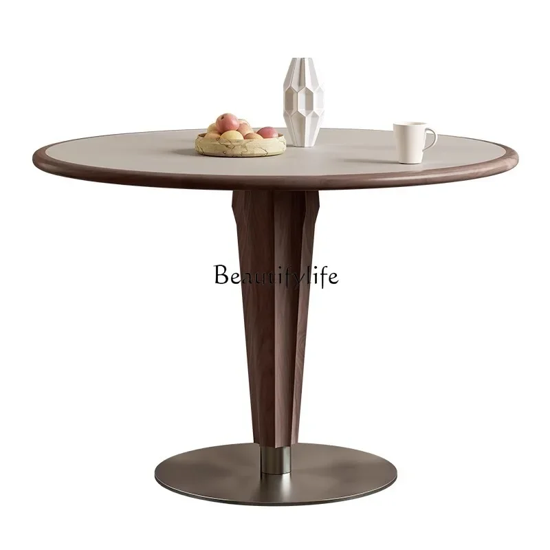 

3-Medieval solid wood rock slab round table small apartment French retro modern simple home