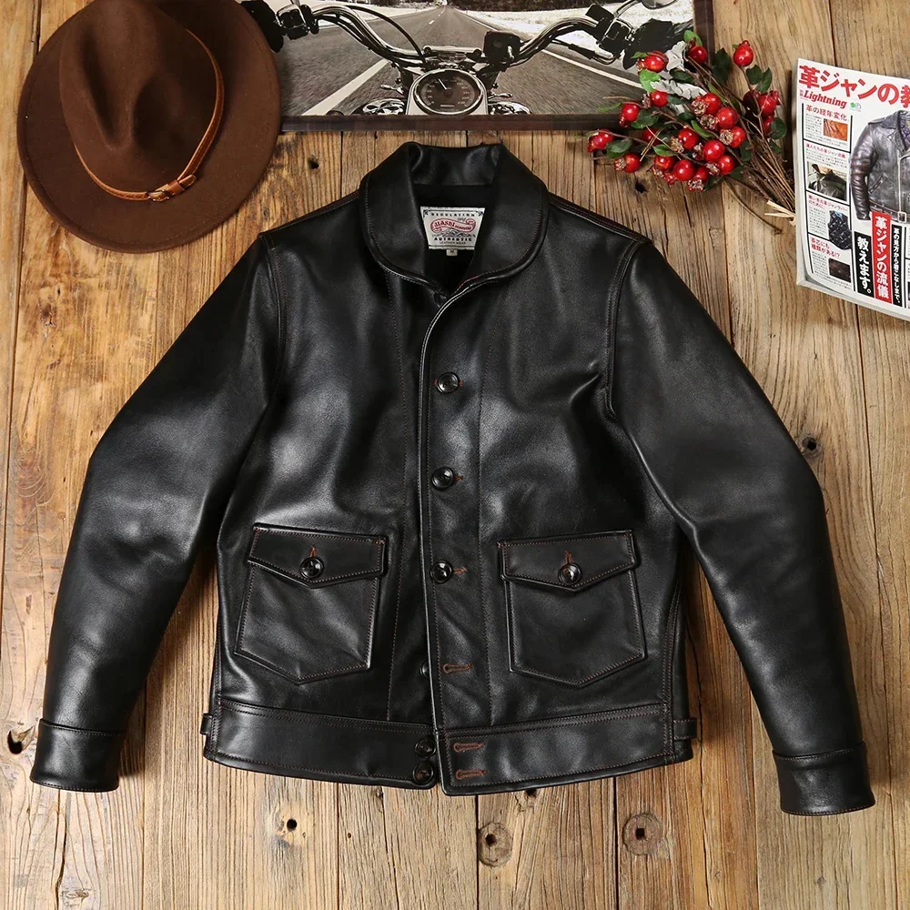 LNY!Wholesales.506 Full Grain Luxury Italy tanned cowhide jacket.Vintage Black classic causal leather coat.Cossack cloth