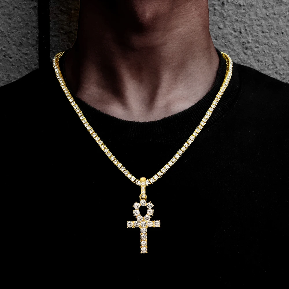 Iced Out Ankh Cross Pendant With 4mm Tennis Chain Necklace Good Luck Sparkling Hip Hop Creative Jewelry for Men Women Gift