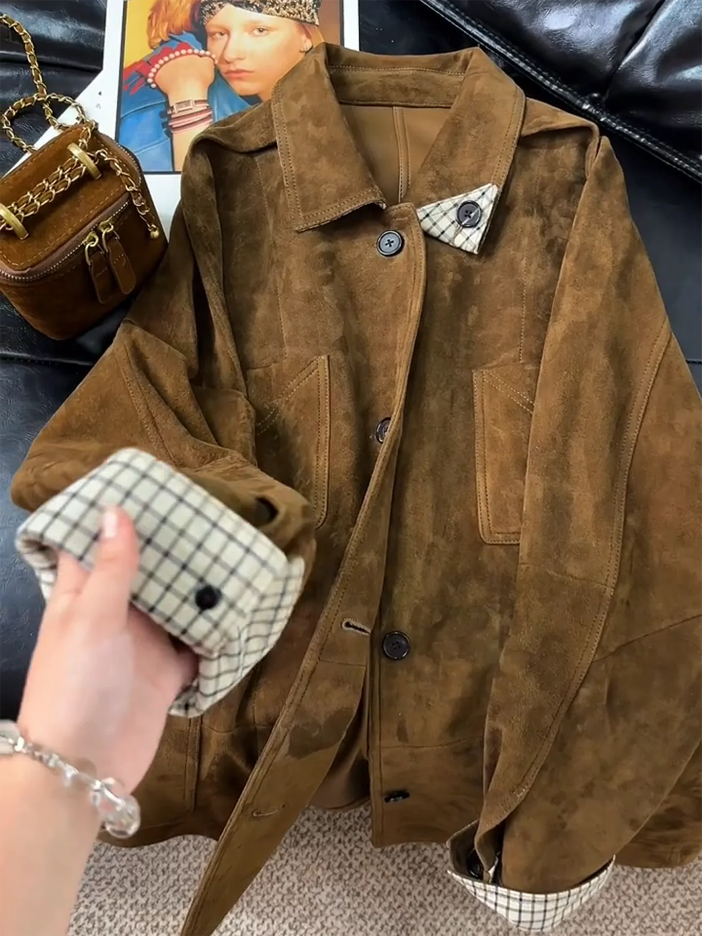 

Women's Fall Vintage Brown Suede Leather Jacket Relaxed Fit Lapel Collar Casual Outerwear Bomber Coat Women Outerwear