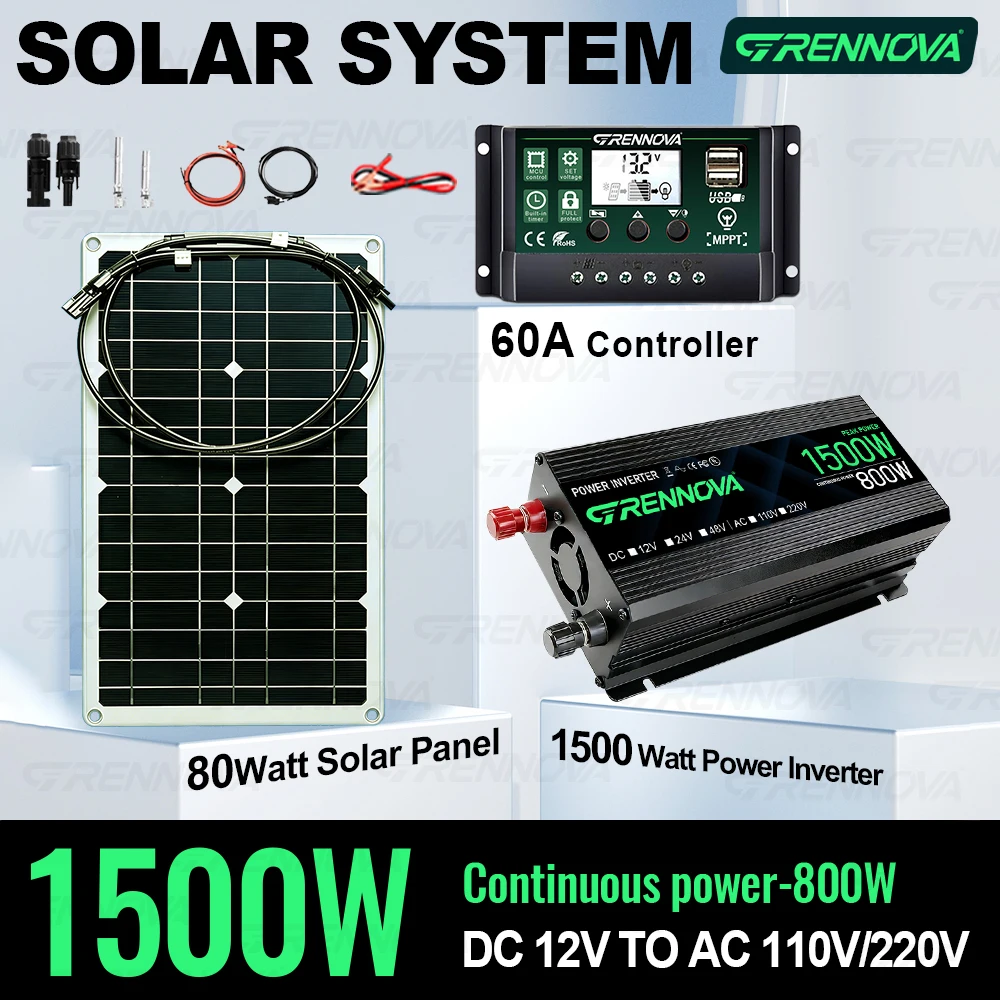 All-in-One Kit 1500W Peak Solar Power System DC12V AC110V/220V (Solar Panel + MPPT Controller + Inverter（Rated Power 800W）) Home