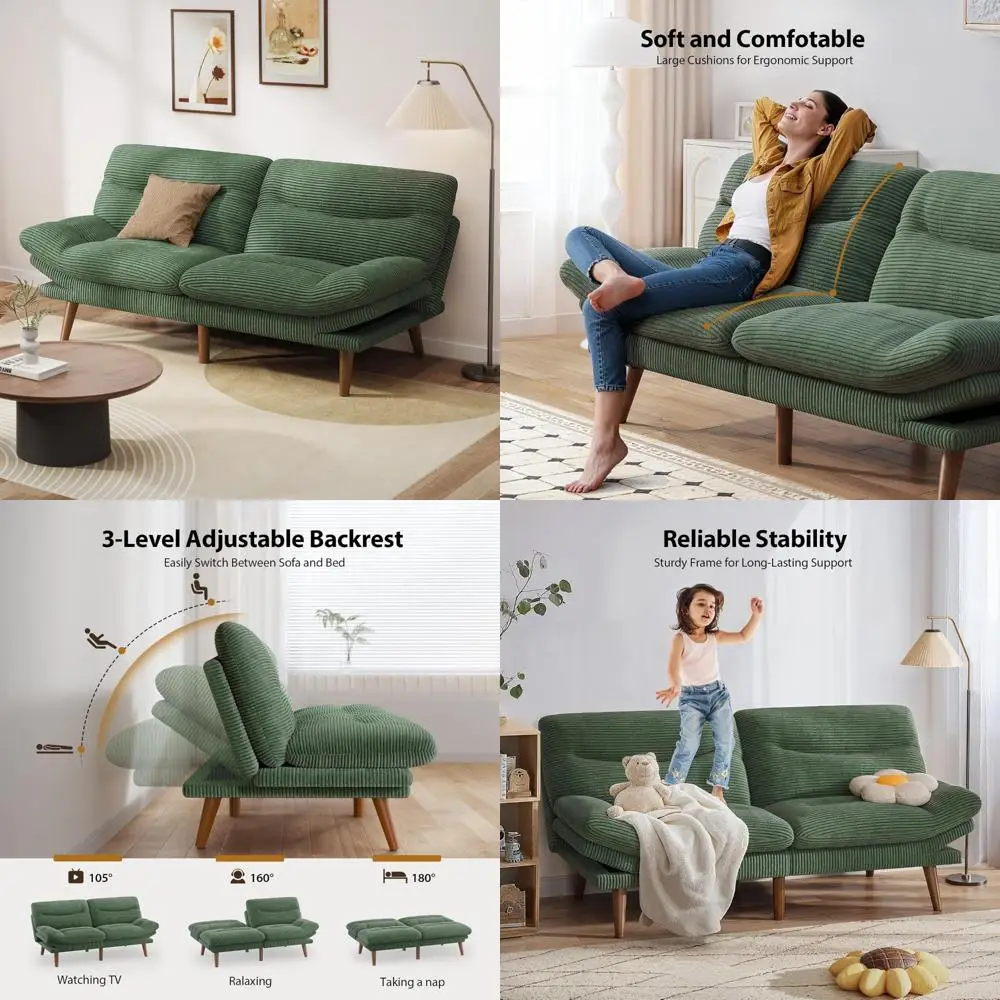 Convertible Futon Sofa Bed with Corduroy Upholstery, Adjustable Backrest and Armrests, Reclining Sleeper for Small Spaces