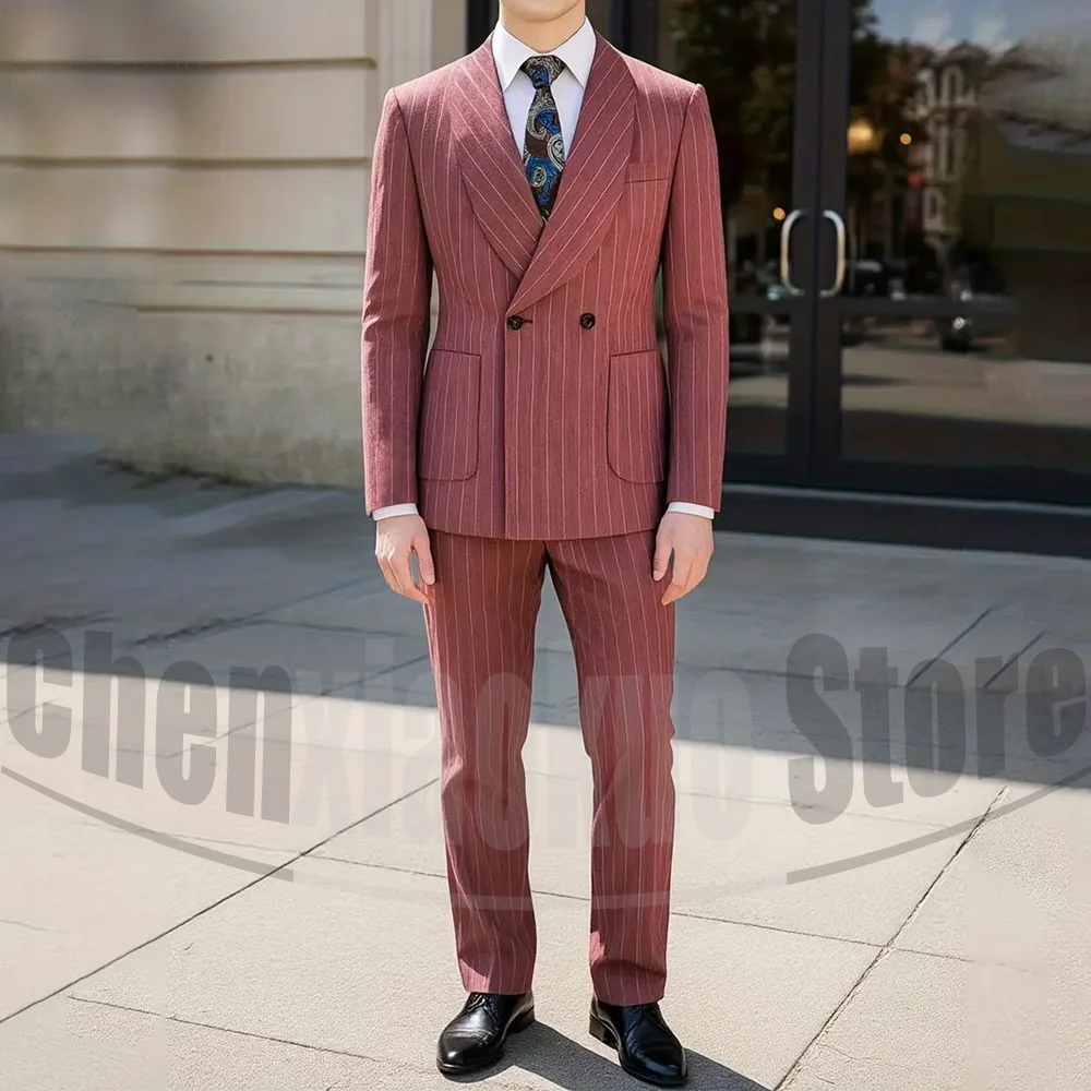 

Men Striped Double Breasted Suit 2 Piece Shawl Lapel Slim Tuxedo Wedding Prom Formal Business Party Outfit (Blazer+Pants)