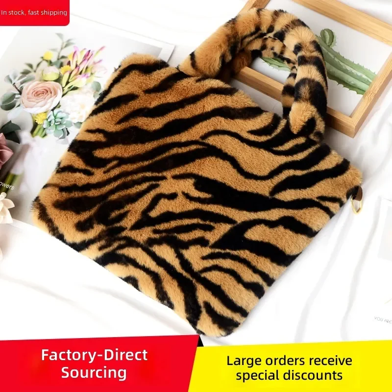 Bolso de Mano con Estampado de Leopardo, Imitación de Pelo de Conejo Rex, Gran Capacidad, Estilo Europeo Americano, Bolso de Hombro de Moda para Mujer