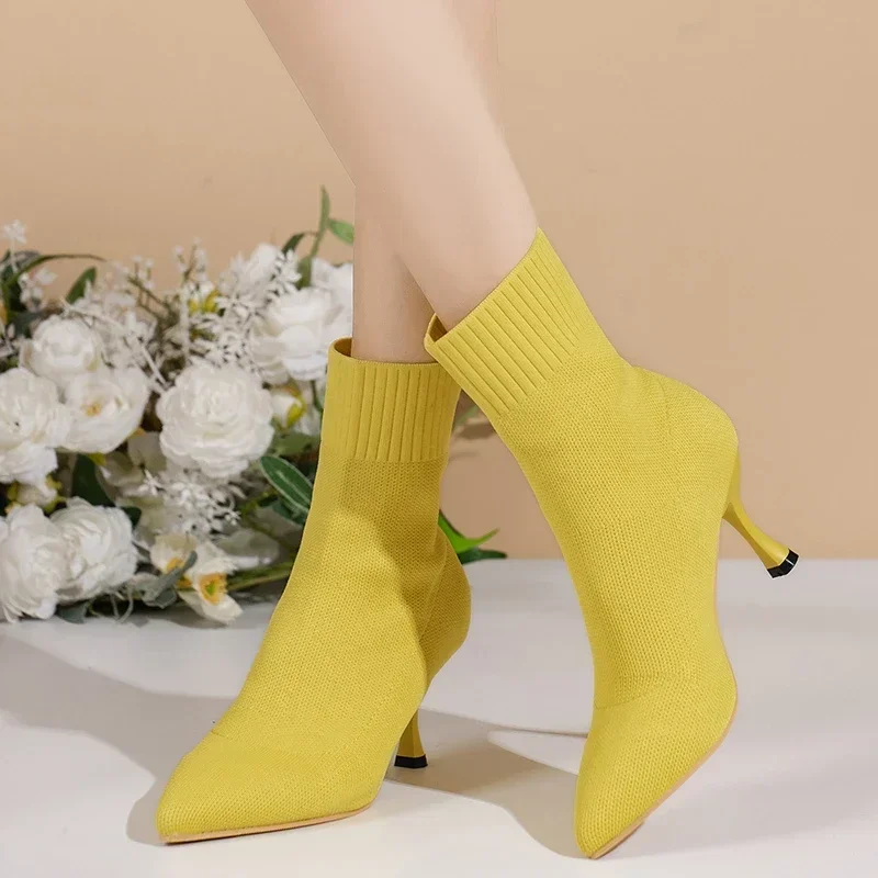 Women Ankle Boots Pointed Toe High Heels Autumn Fashion Women Socks Shoes Stretch Fabric Slip-On Sexy Sock Heeled Chelsea Boots