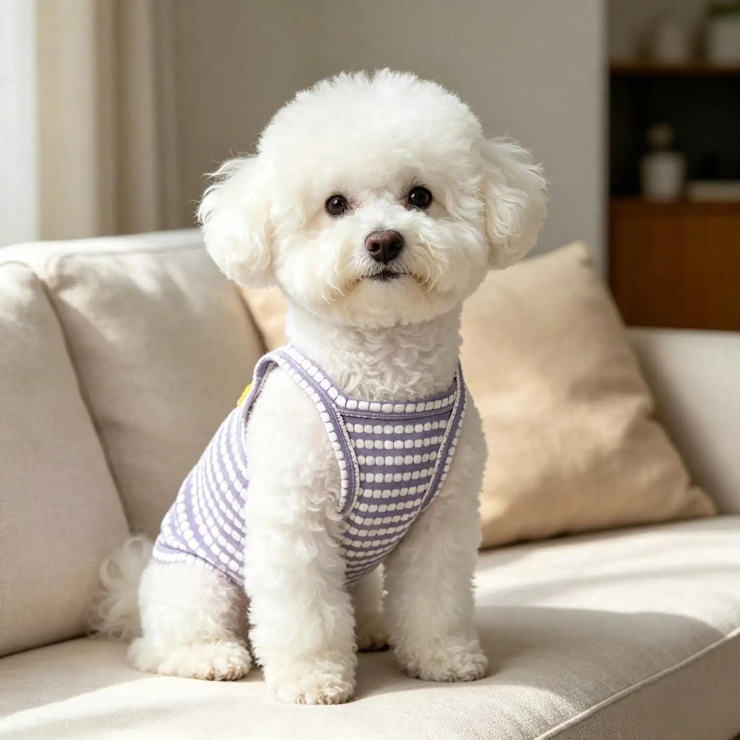 1 Stück gestreiftes Strick-Hundetanktop mit 3D-Frucht-Blumen-Ornament, atmungsaktive Welpenweste für kleine Hunde – Detail 13