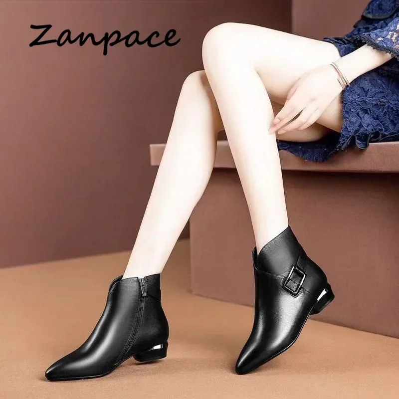 2024 Winter Fashion Women Boots Zipper Retro Leather Plus Velvet Shoes Thick Heel Ankle Boots Plus Size 41. High Heels Shoes