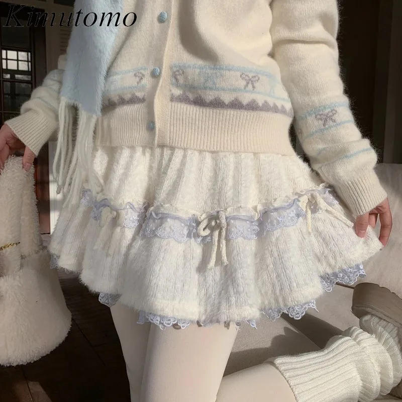 

Kimutomo Mini Skirts Women Sweet Lace Patchwork Autumn Winter High Waist Preppy Style Y2k Aesthetic Harajuku Skirt Ladies