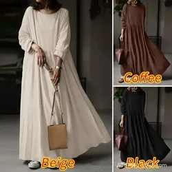 New Elegant Solid Dress Women's Casual Loose Long Sleeve Pleated Maxi Dresses Female Cotton Linen Modest Vestidos Robe Oversized