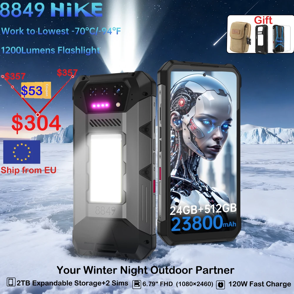 8849 Hike Unihertz Rugged Smartphone 23800mAh 24GB+512GB Expandable 2TB 1200Lumen Flashlight Android14 Two Speakers 6.79'' 120Hz