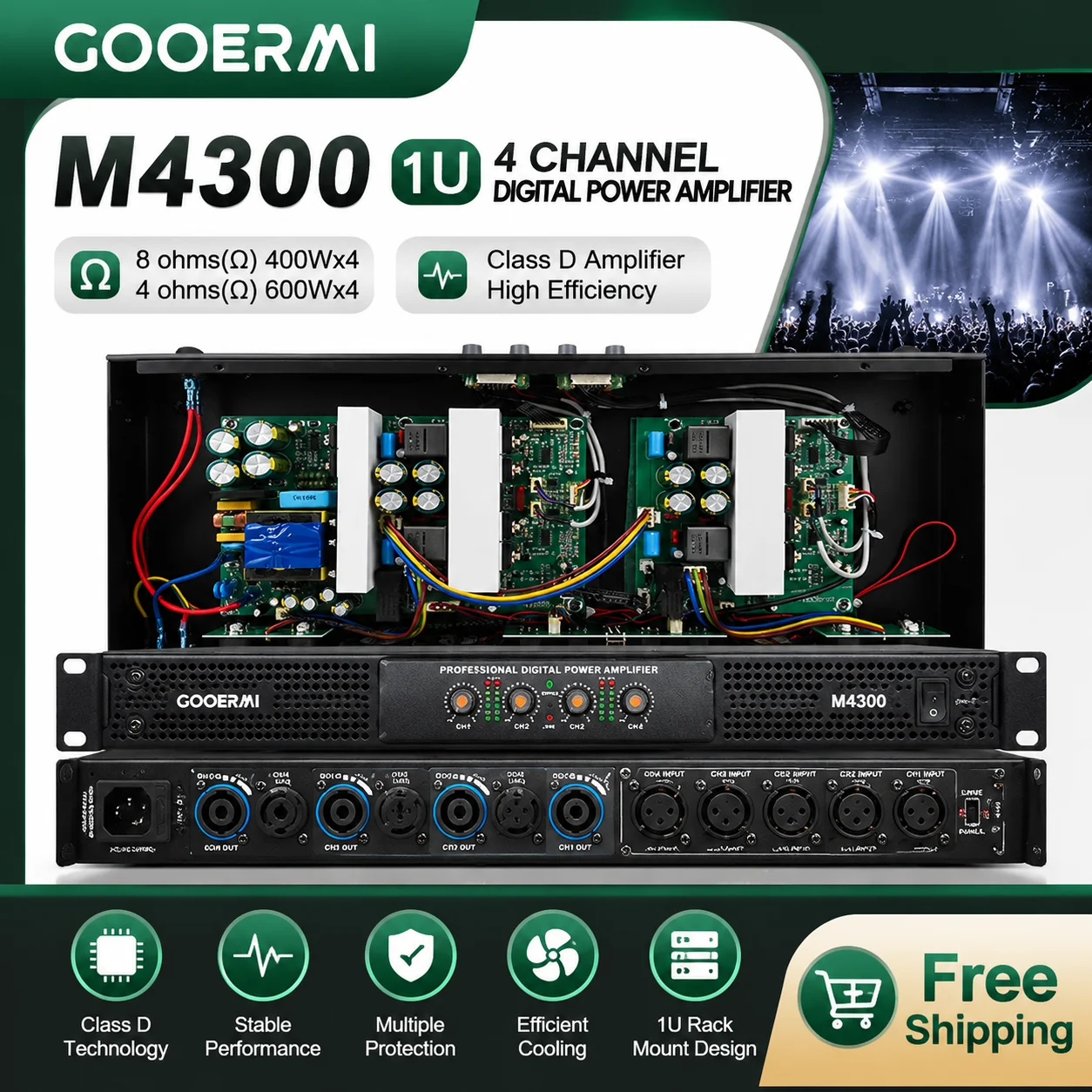 GOOERMI M4300 1U 4 Channel Digital Power Amplifier 4x600W Professional Audio Amplifier 8Ω/4Ω Class D Amp for Stage KTV PA System