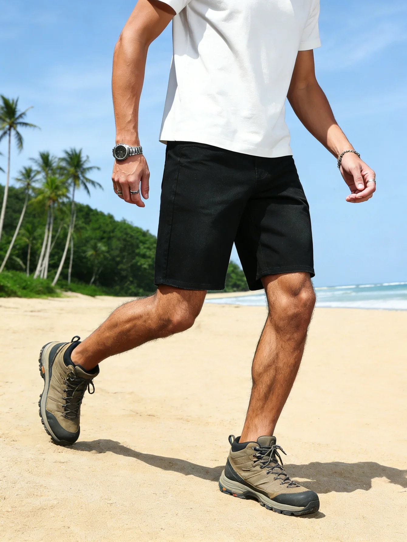 

Men simple black non stretch denim jorts loose fit casual daily solid color versatile style short pants