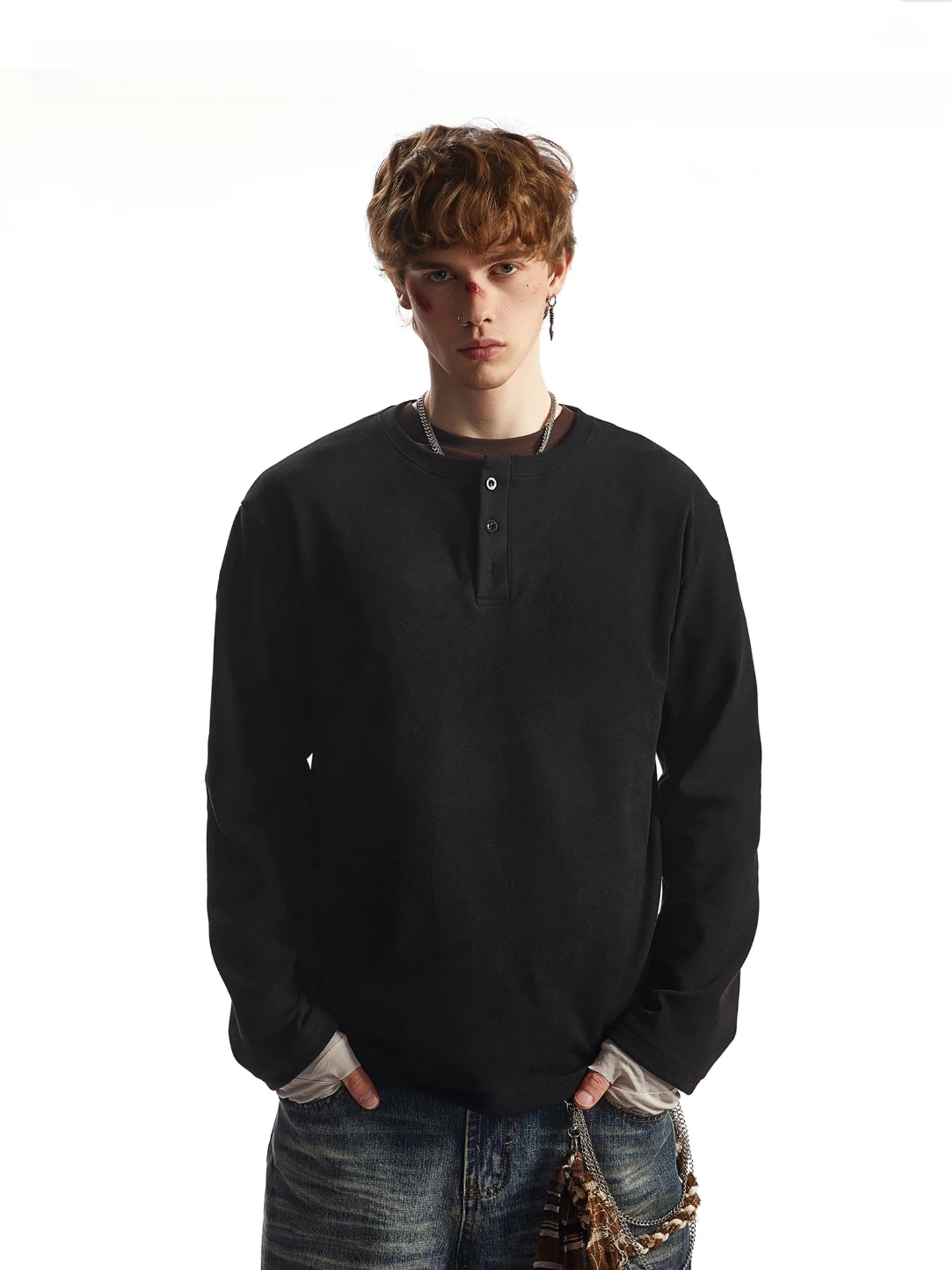 SDMADE American Casual Henry Collar Faux Velvet Long Sleeve T-shirt Men's Autumn Winter Pure Color Warm Base Shirt