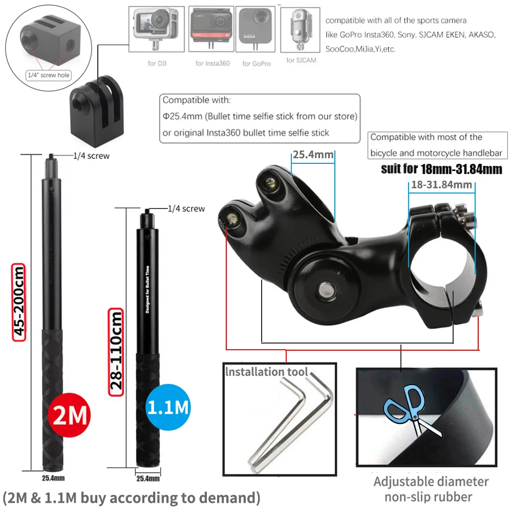 Motorcycle Bicycle Invisible Handlebar Mount Bracket Monopod for GoPro Max Hero 9 Insta360 X2 R Camera Moto Bike Accessories