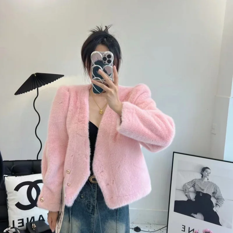 MIYAKE Autumn and winter new imitation mink fur jacket, environmentally friendly fur short style bubble sleeves, gentle [F666]