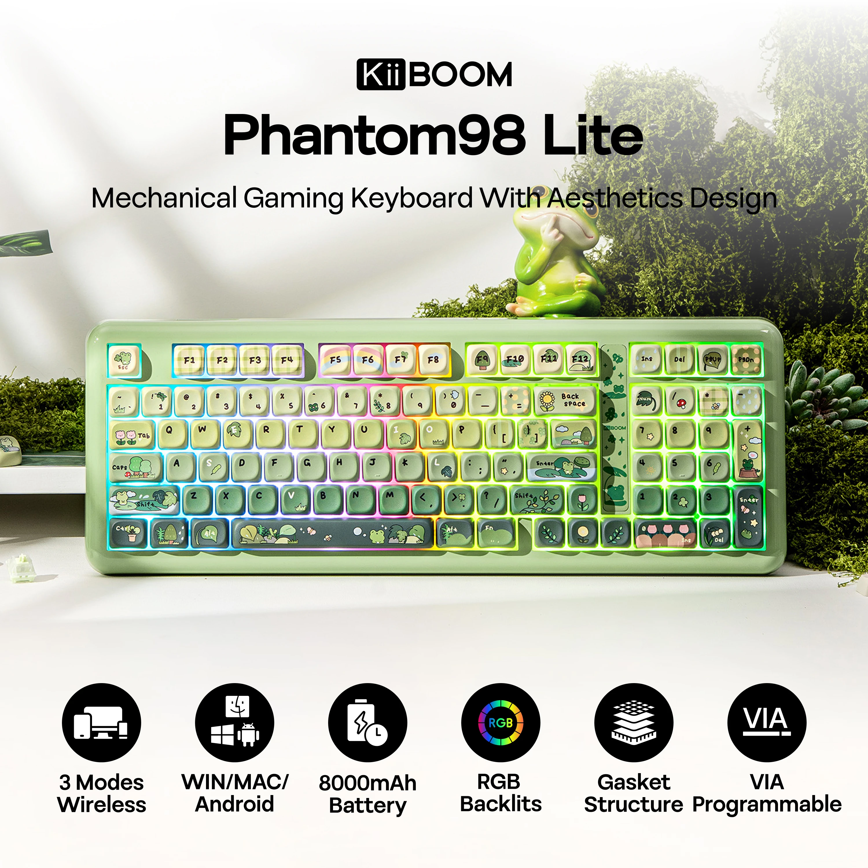 KiiBOOM Phantom98 Lite 96% ANSI US Layout Klawiatura mechaniczna z możliwością wymiany podczas pracy (Hot-Swap), przewodowa/Bluetooth/bezprzewodowa 2.4GHz, podświetlenie RGB, kompatybilna z Win/Mac — zdjęcie produktu 2