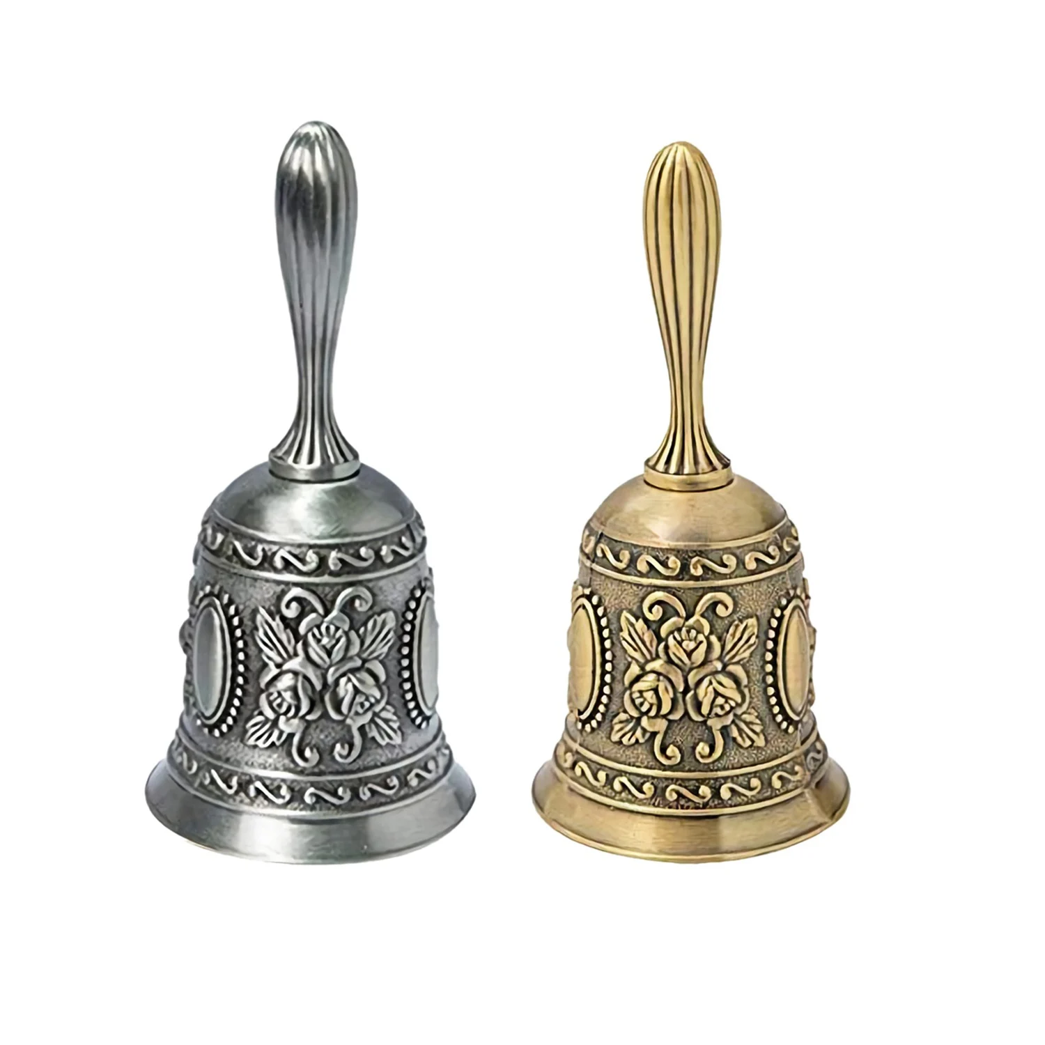 2x Hand Bell, Metal Tone Hand Hold Service Call Bell Desktop Bell Tea Dinner Bell Game Bell,Silver & Gold