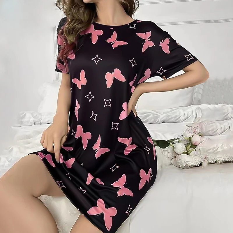 Women\'s Nightdress Summer Butterfly Print Nightgowns Casual Short Sleeve Tee Sleep Dress Soft Comfortable Sleepwear Nightwear