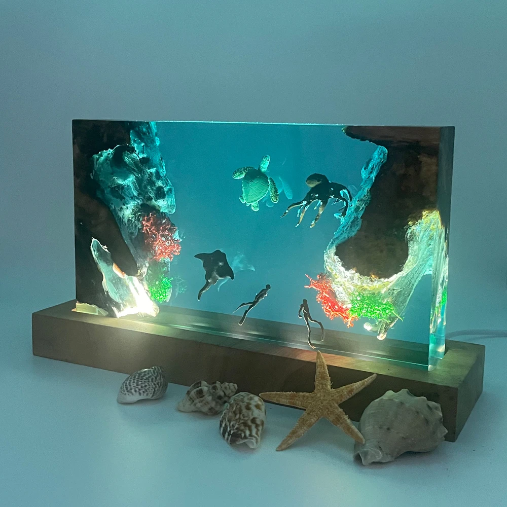 

Sea Word Landscape Organic Resin Light Creative Art Night Light Craft Decoration Ocean Animals Theme Table Lamp USB Charge