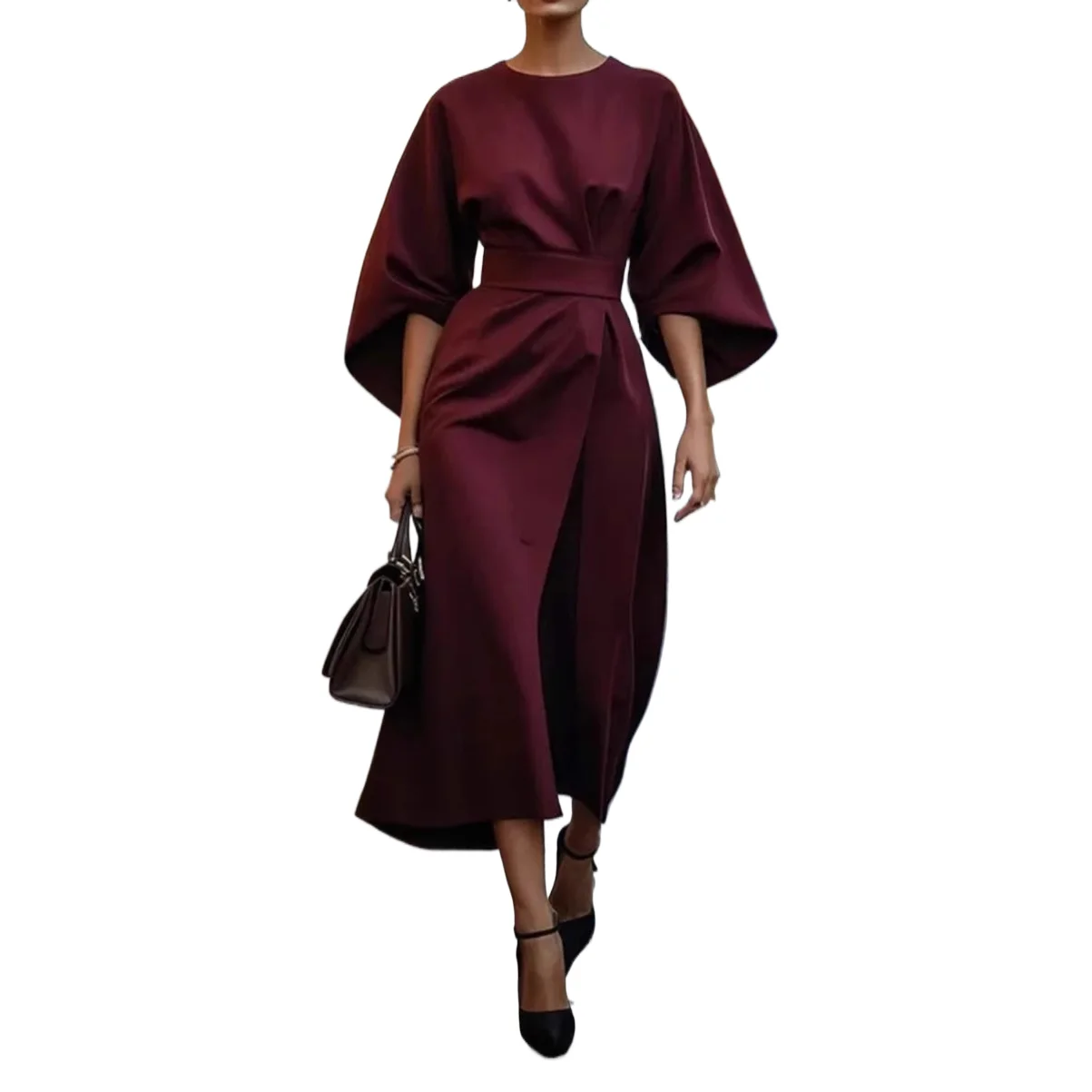 

Elegant Solid Dress 2025 New Spring Summer Women's Fashion Style Round Neck Color Waist Casual Bat Sleeve Long Dress Clothing