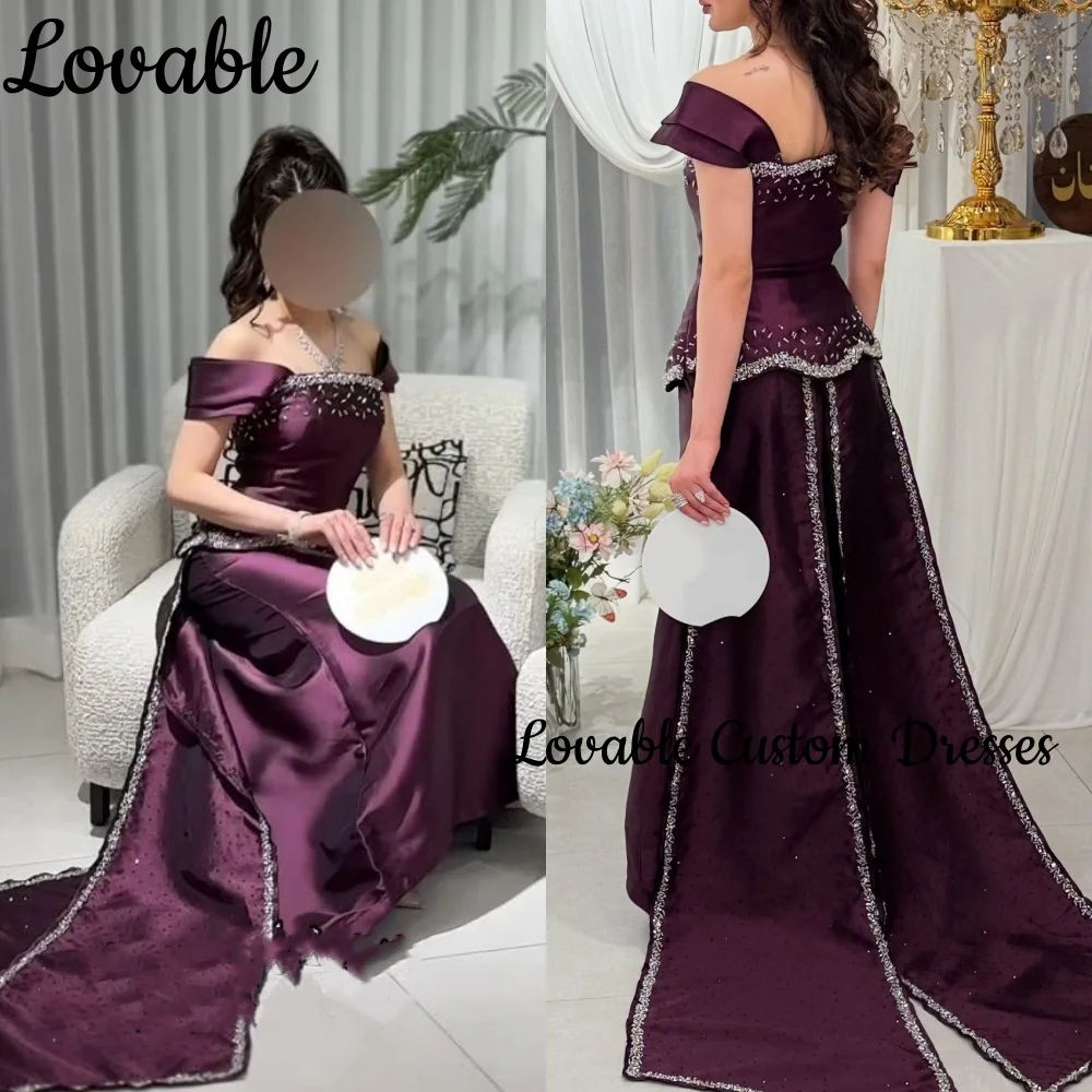

Women'S Evening Dresses Customize A-Line Off-The-Shoulder Floor-Length Formal Occasion Dresses Beadings Zipper Up Short Sleeves