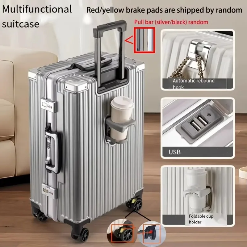 New Elegant Aluminum Frame Hardside Spinner Wheels Luggage,Large Capacity Suitcase with Cup Holder/USB Port, Combination Lock