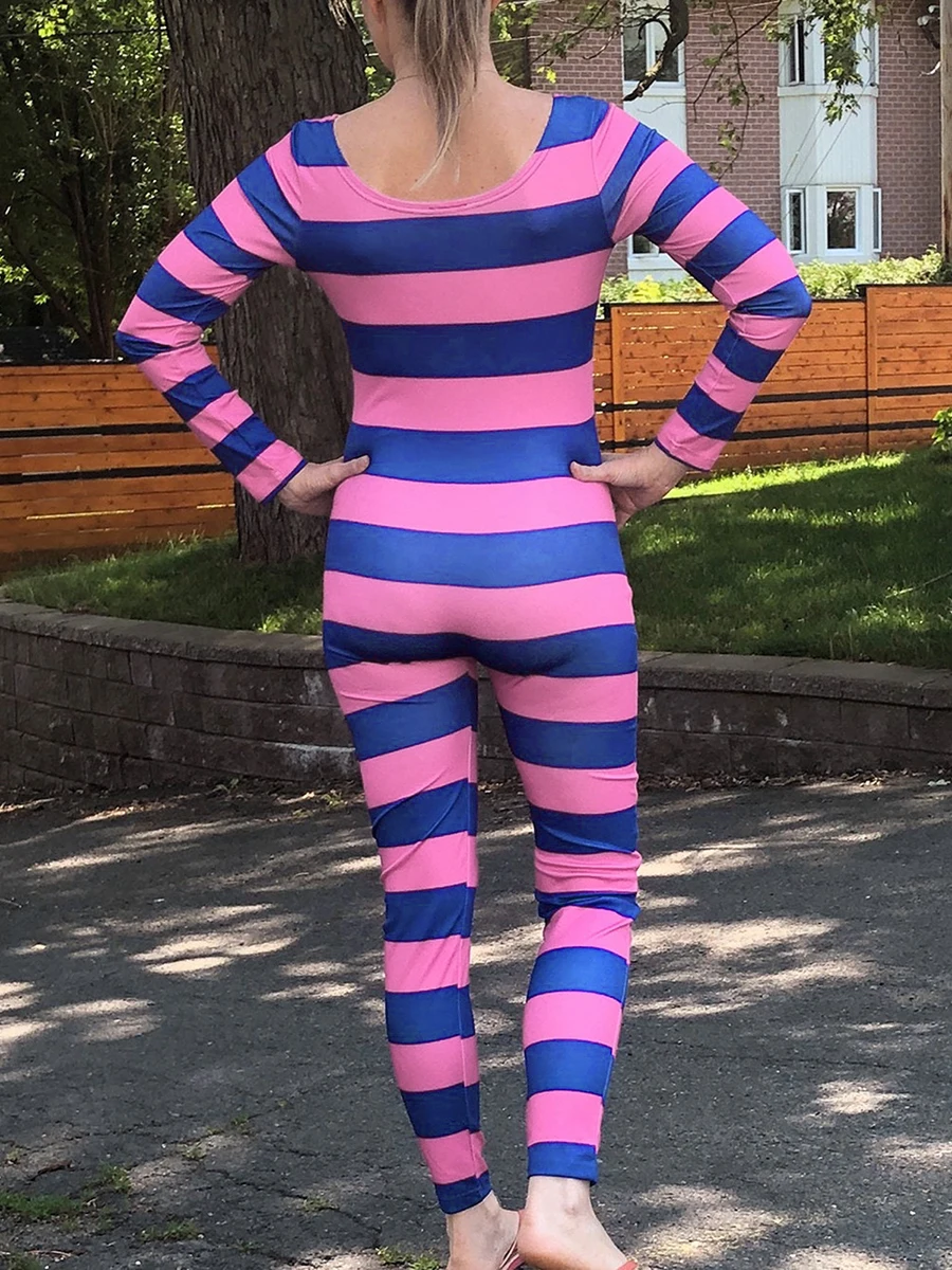 Women s Cheshire Cat Halloween Costume Pink Purple Striped Long Sleeve Jumpsuit Cosplay Outfit