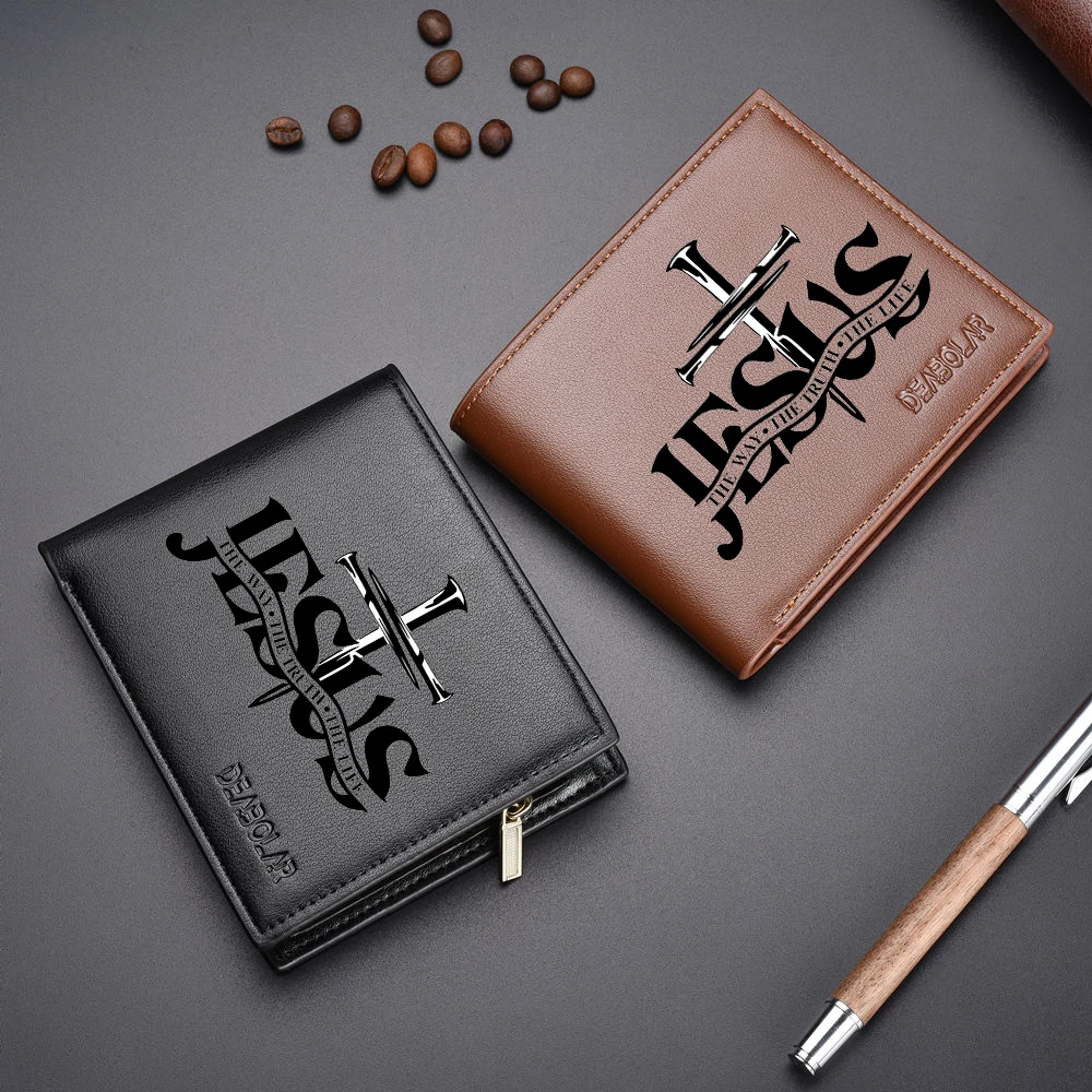 Men's Short Wallet Business Retro JESUS Pattern Multi-Card Slot Zipper Coin Pocket High-Quality Men's Wallet