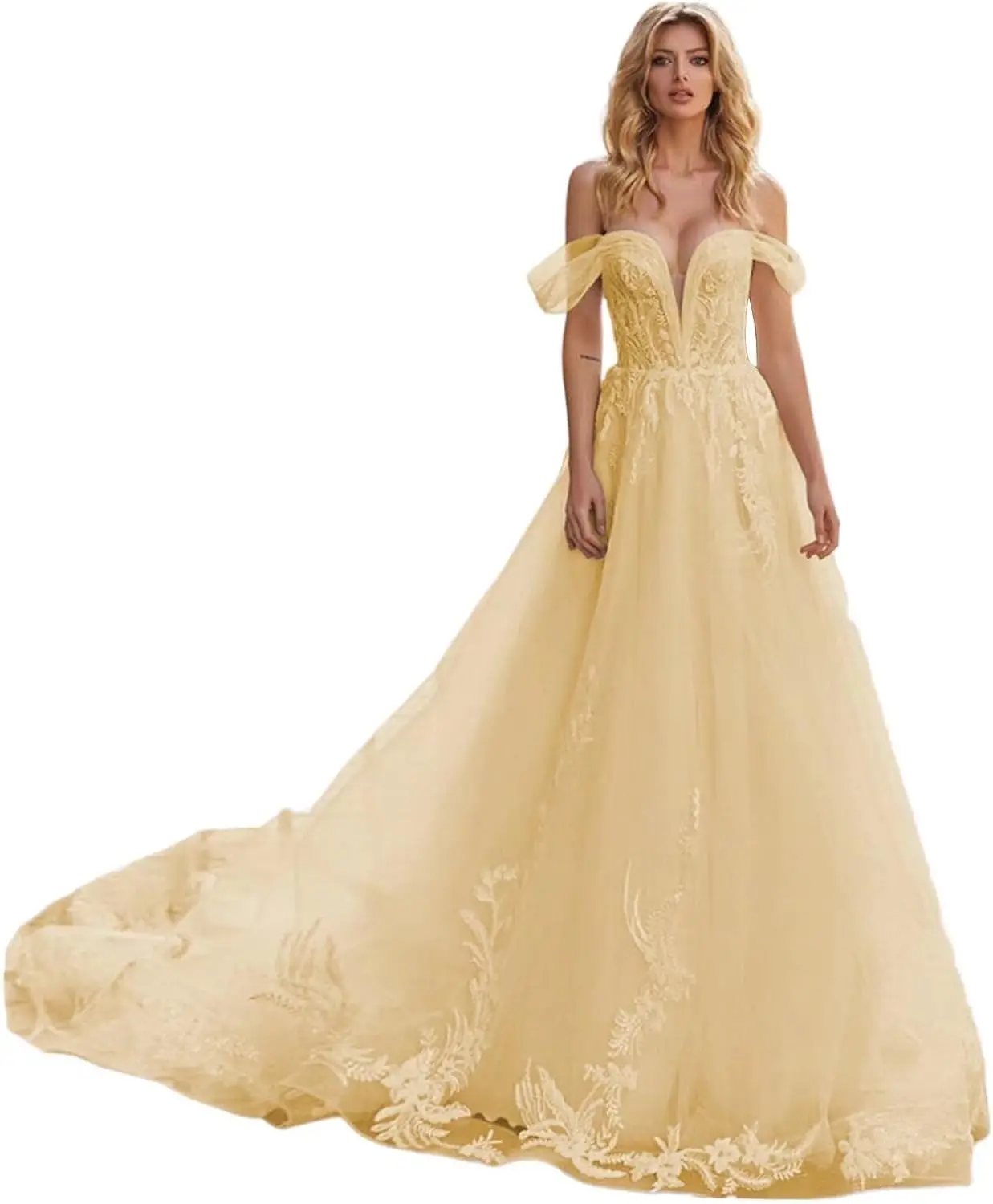 

Женские кружевные свадебные платья для невесты, бальные платья с открытыми плечами, тюлевые свадебные платья трапециевидной формы с аппликацией, свадебное платье