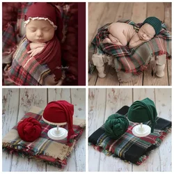 2024 nuovo arrivo neonato fotografia abbigliamento natale 3 pezzi Set cappello Wrap Plaid coperta Baby Photo Shoot accessori rosso verde