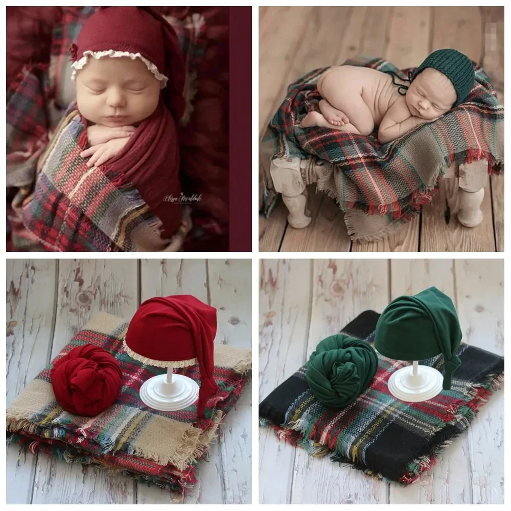 2024 New Arrival Newborn Photography Clothing Christmas 3pcs Set Hat Wrap  Plaid Blanket Baby Photo Shoot Accessories Red Green