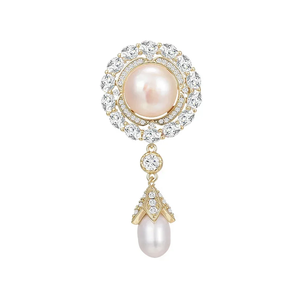 Women's Pearl Pendant Brooch New Copper Micro Inlaid Zircon Brooches Buckle Accessories Clothing Dress Anti-slip Safety Pins