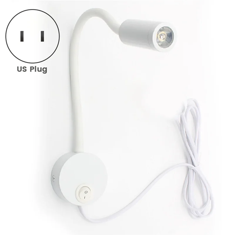 Wall-Mounted Reading Lamp Wall Lamp Hose Bedside Lamp Switch Control Minimalist Style Wall Lamp(White US Plug)