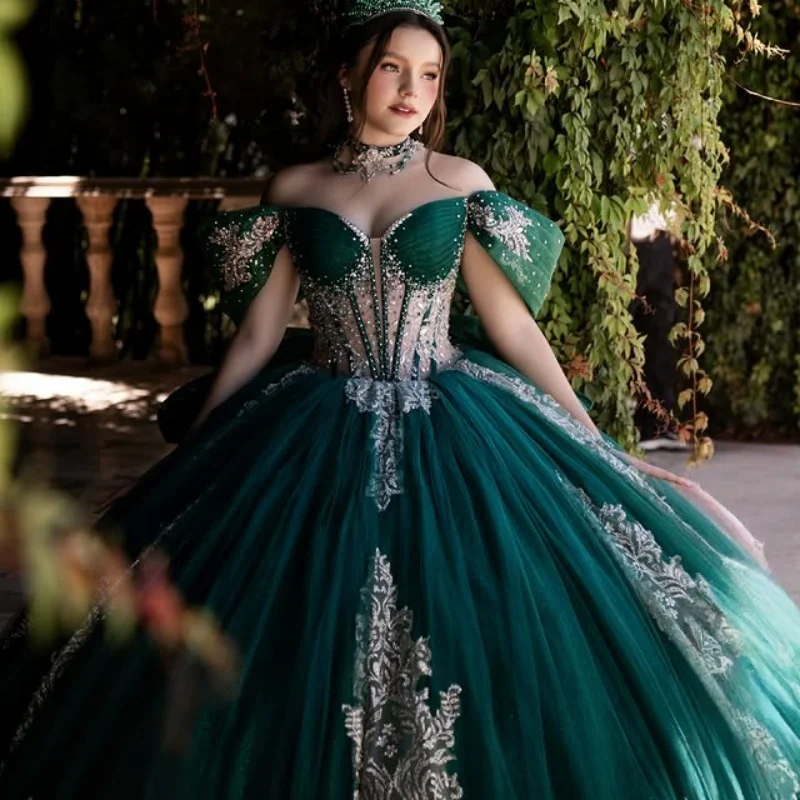 

Dark Green Quinceanera Dresses off-shoulder Decal Crystal Glitter Long tail Bow Vestido De 15 Quinceanera Customize