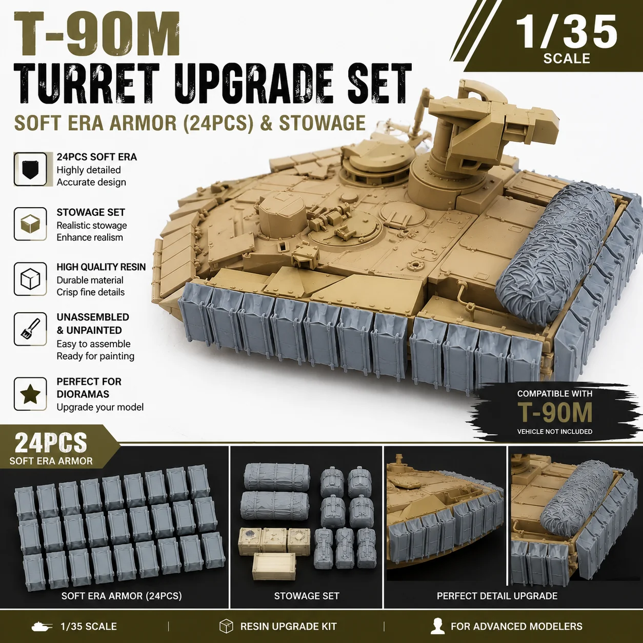 1/35 Resin Upgrade Kit for T-90M Turret Soft ERA Armor (24PCS) Stowage Accessories Unpainted DIY