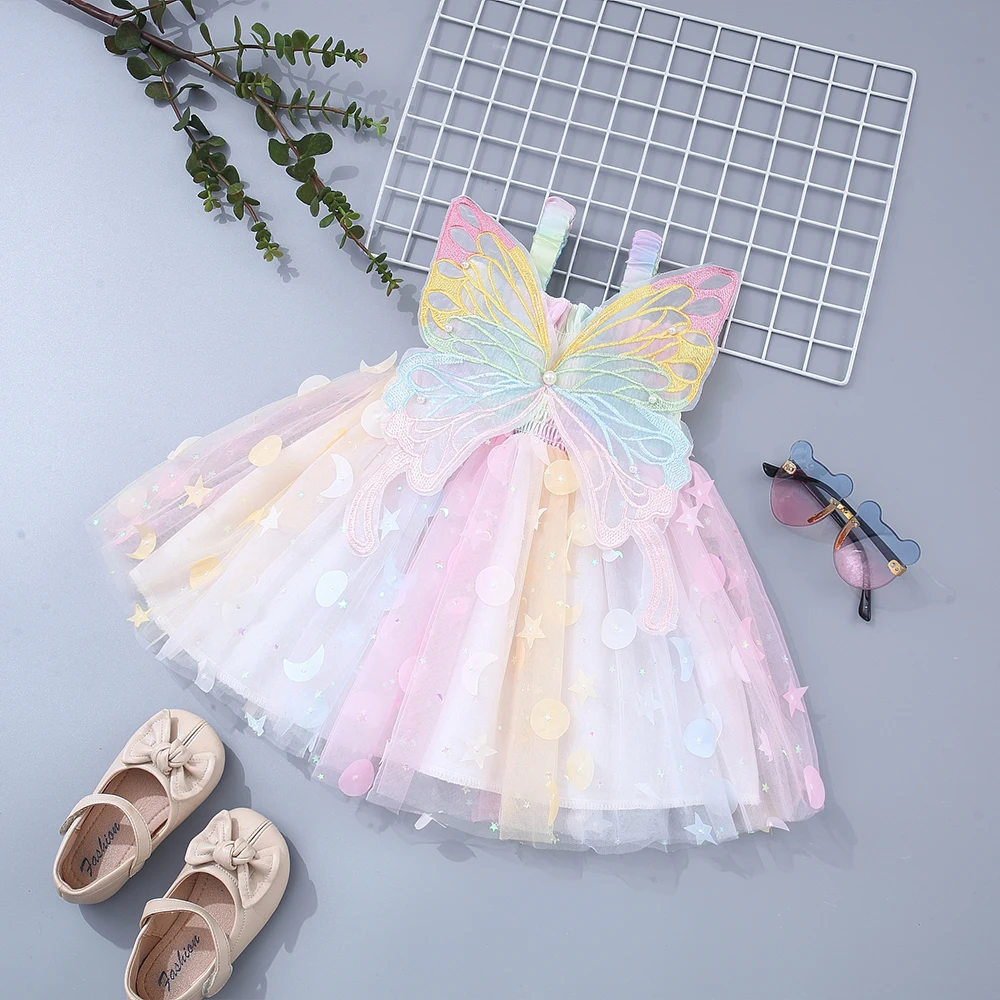 Summer New Baby Girl Dress Girls\' Strap Colorful Mesh Butterfly Wings Beach Birthday Party Princess Dress 0-3 Years