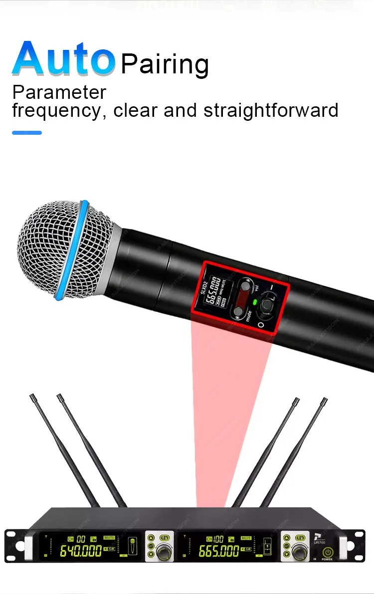 Paulkitson UR700 True Diversity Drahtloses Mikrofonsystem, Dual-Channel UHF 600MHz Dynamisches Handmikrofon für Bands und Gesang – Detail 5