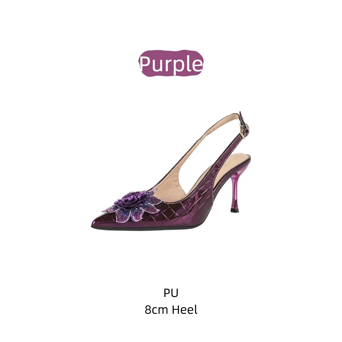 Plus Size Women's Purple Mirror Patent Sandals Pointed Toe Open Back Stiletto Heels Floral Rhinestone Wedding Banquet Shoes