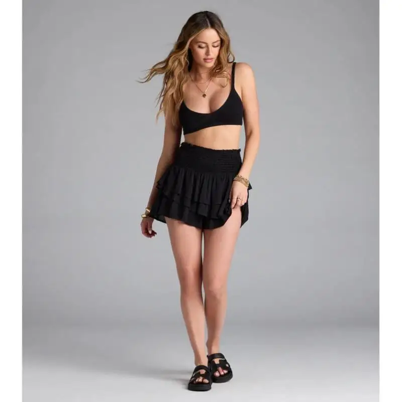 Cute Ruffled Smoed orts Cross-Border Mid-Low Waist Umbrella Pants PVC Material Other Material 00% Women's Casual Pants